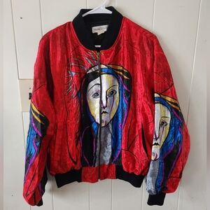 Vintage Nicole /J-Farah Vibrant Red Bomber Jacket with Artistic Faces Size M/L